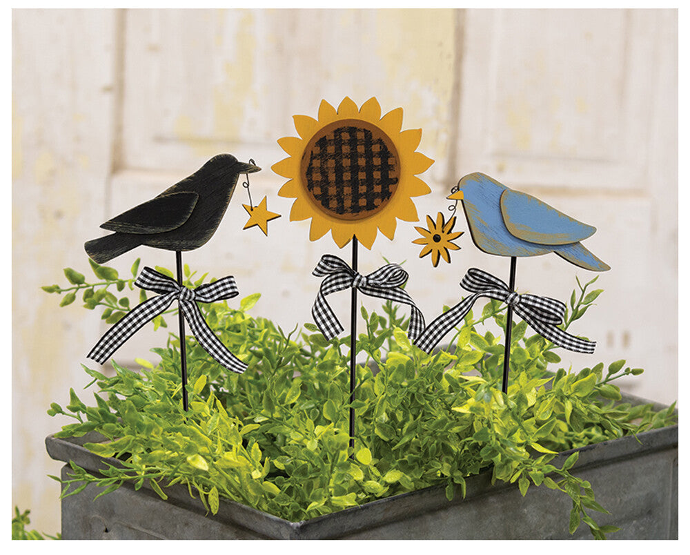 CWI Fall Decor - Crow Sunflower Blue Bird Wood Plant Pokes Picks 3pc
