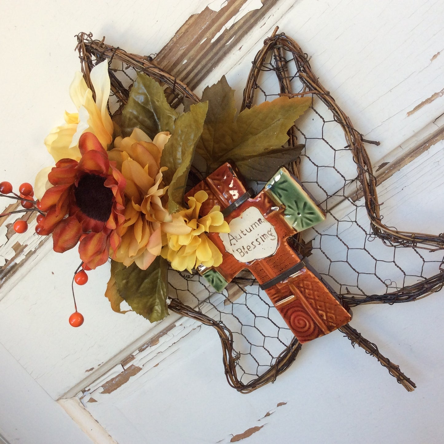 AG Designs Fall Harvest Decor – Grapevine Maple Leaf Wreath Blessings Cross