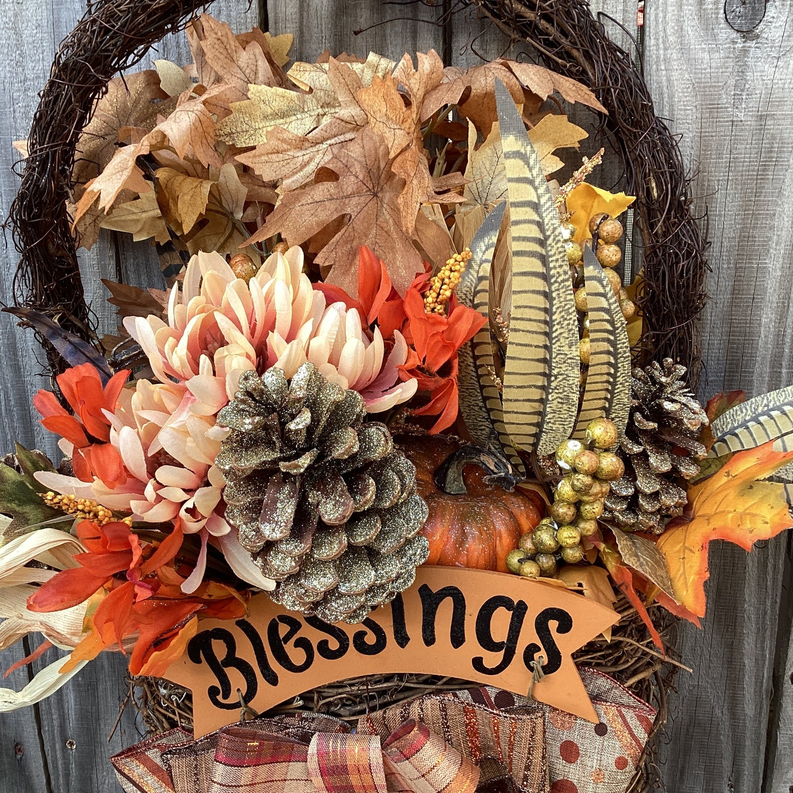AGD Fall Decor - Large Blessings Grapevine Basket Harvest Floral Wreath