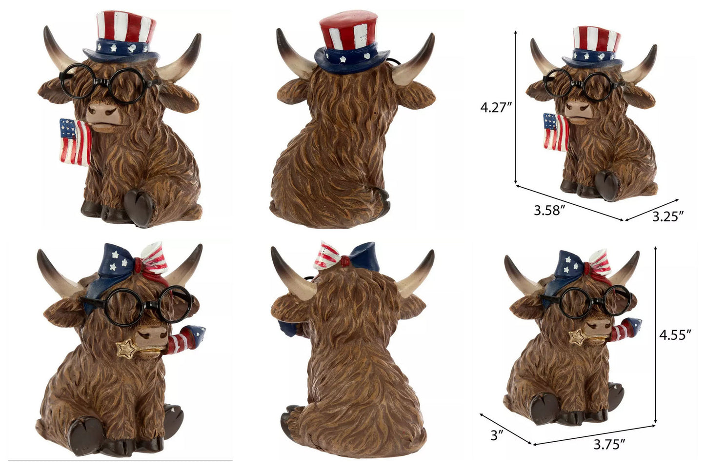 HL Patriotic Decor - July 4th Resin Highland Cow Couple SM & LG Figurines 4pc