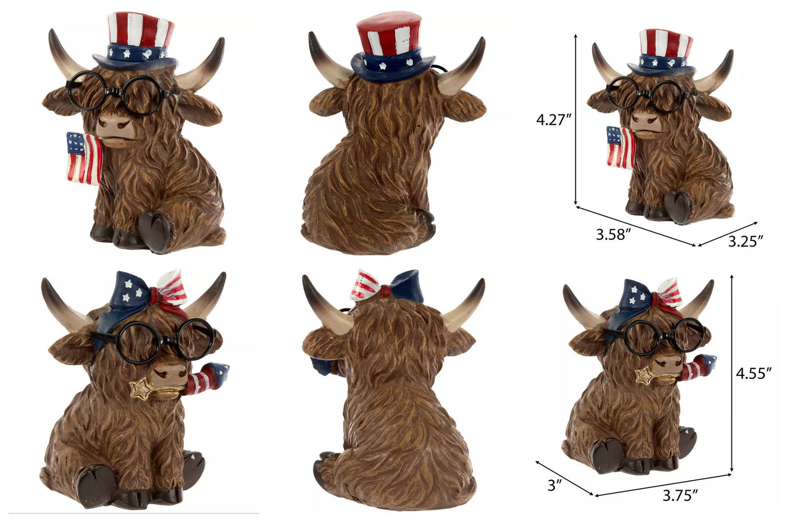 HL Patriotic Decor - July 4th Resin Highland Cow Couple SM & LG Figurines 4pc