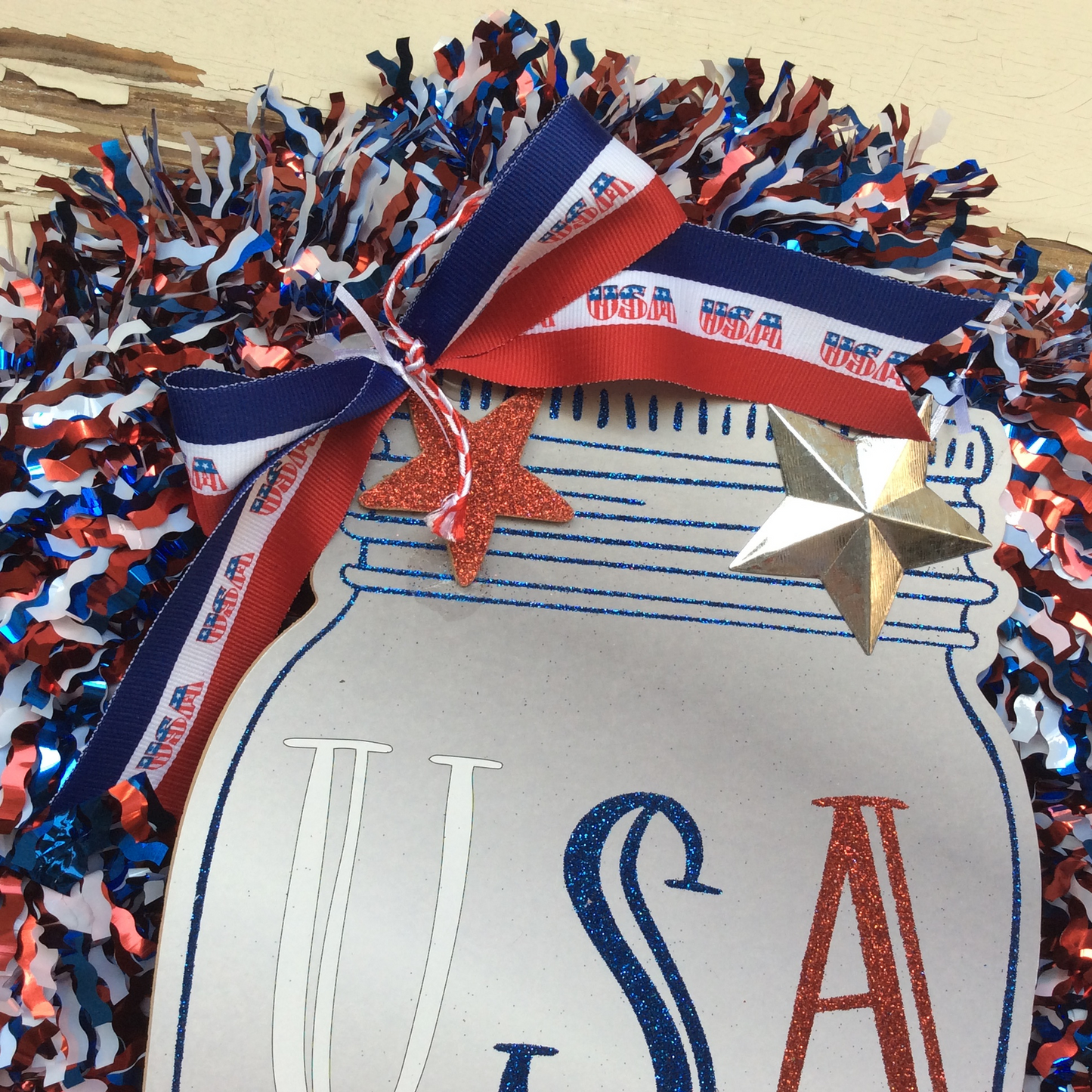 AGD Patriotic Decor - USA Freedom Mason Jar Tinsel Wreath