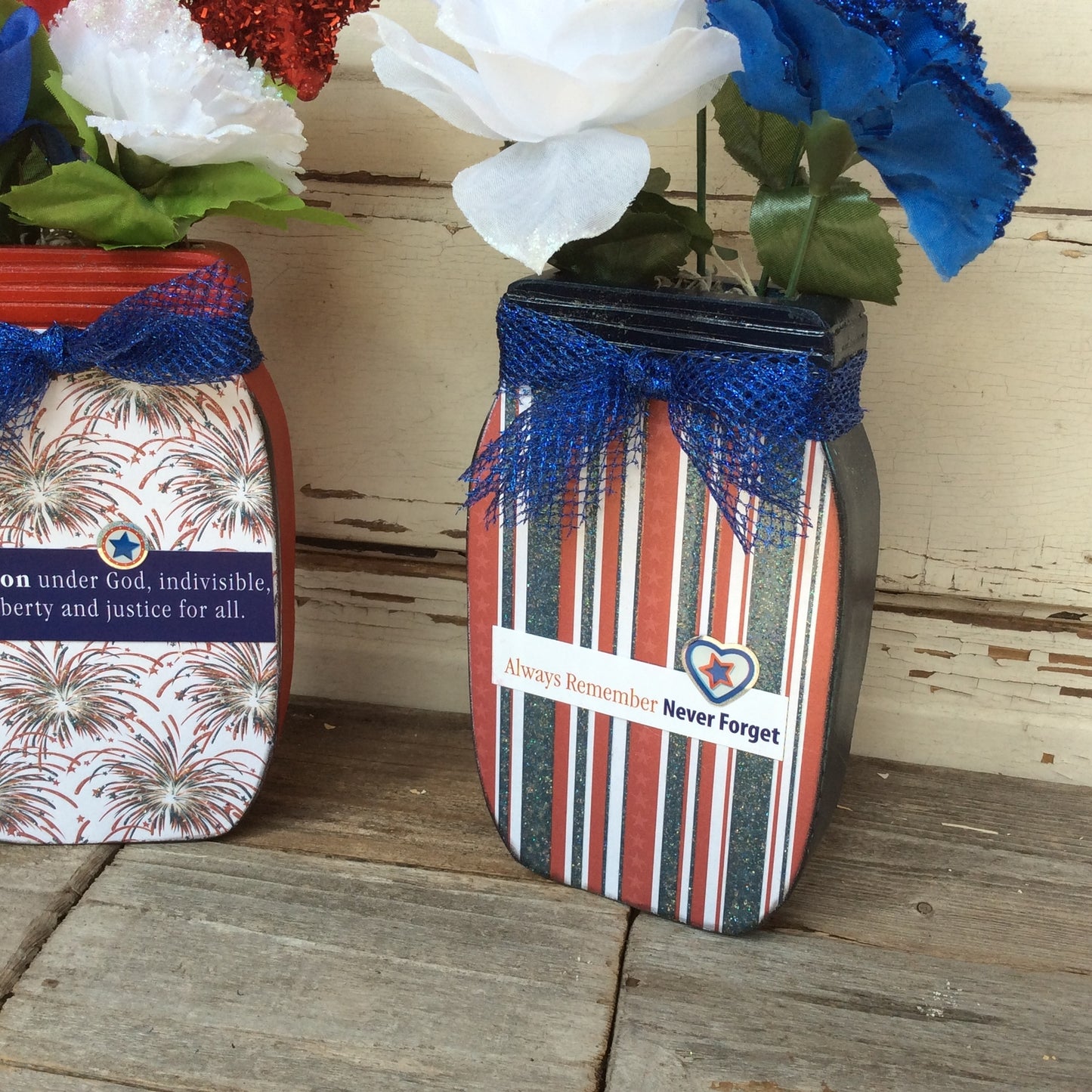 AGD Patriotic Decor - One Nation Sept 11th Floral Wood Mason Jar 2pc Set