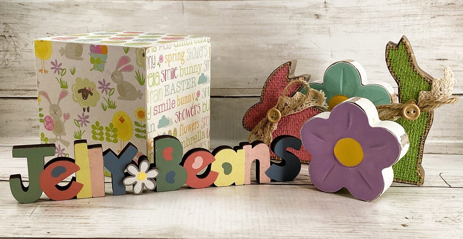 AGD Easter Decor - Jellybeans Block Signs Rabbit Spring Flowers Display