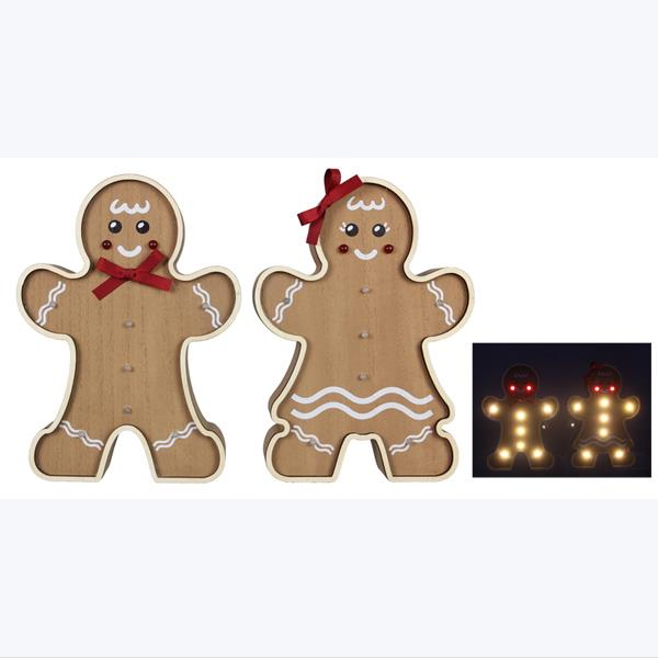 YI Christmas Decor - LED Wood Gingerbread Boy Girl Figurine 2pc