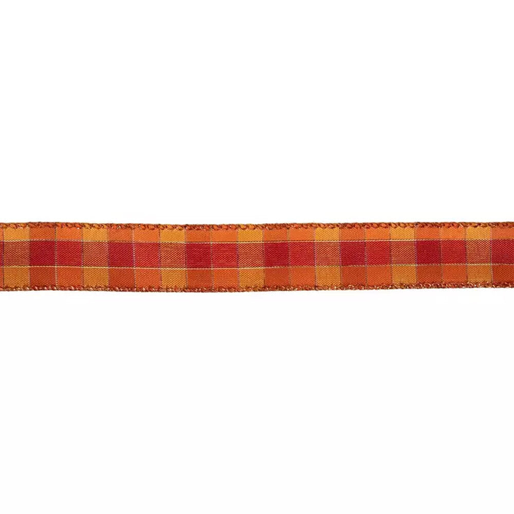 HL Fall Craft Supply - Orange Red Copper Plaid Wired Edge Ribbon 1-inch x10 yds