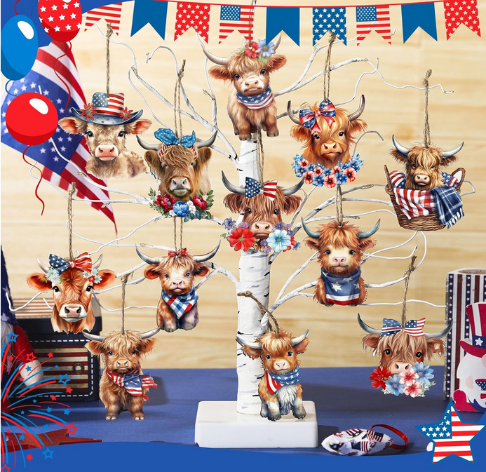 Patriotic Craft Decor - American July 4th Highland Cow Ornaments 12pc