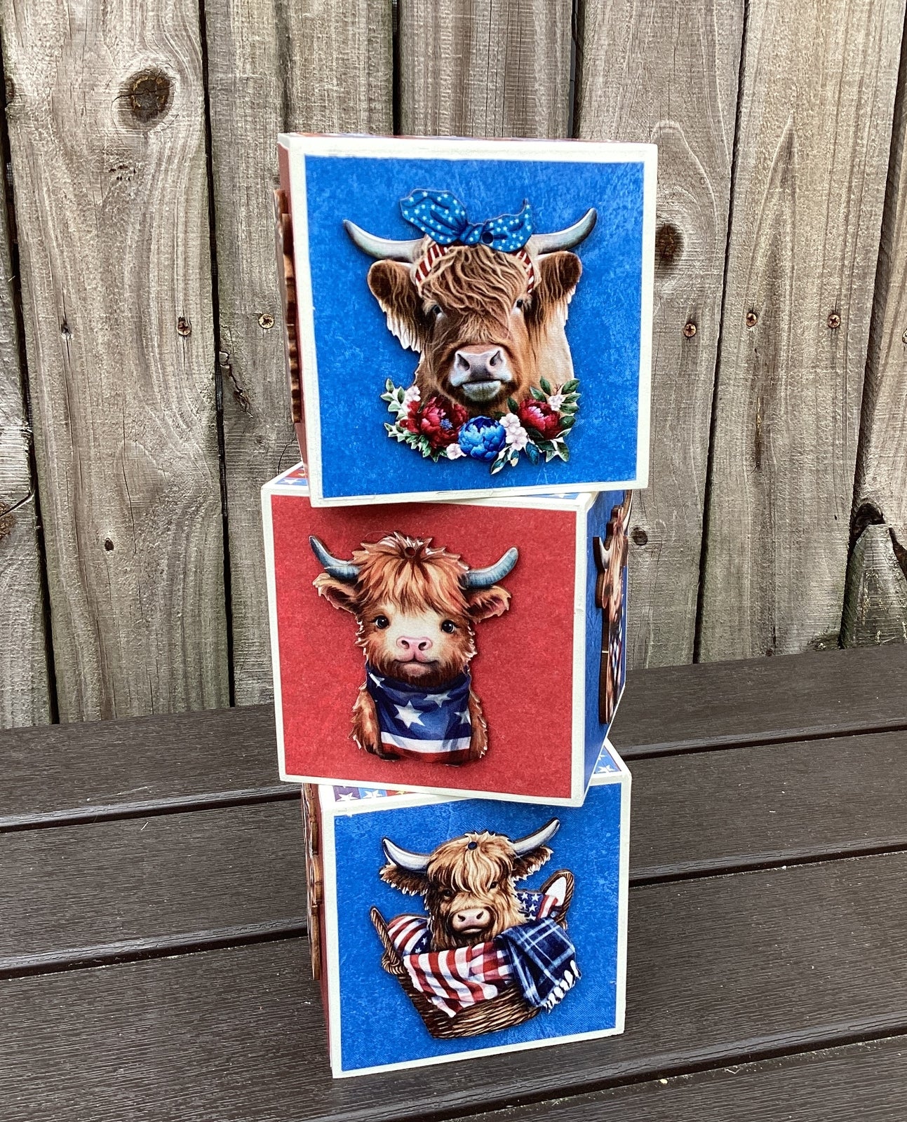 AGD Patriotic Decor - Red White Moo Highland Cow Block Signs 4pc