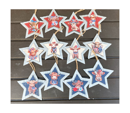 AGD Patriotic Decor - July 4th Highland Cow Metal Star Ornaments 12pc Set