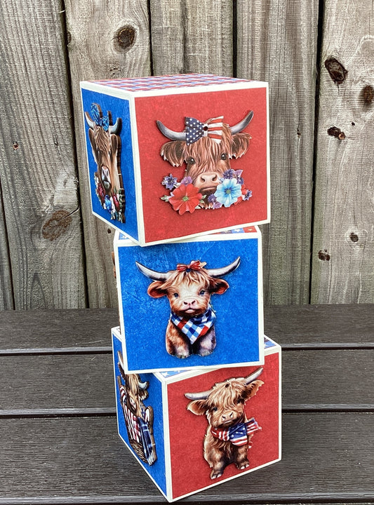 AGD Patriotic Decor - Red White Moo Highland Cow Block Signs 4pc