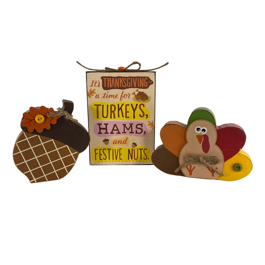 AGD Fall Decor - Chunky Acorn Turkey and Family Nuts Block Sign 3pc Set
