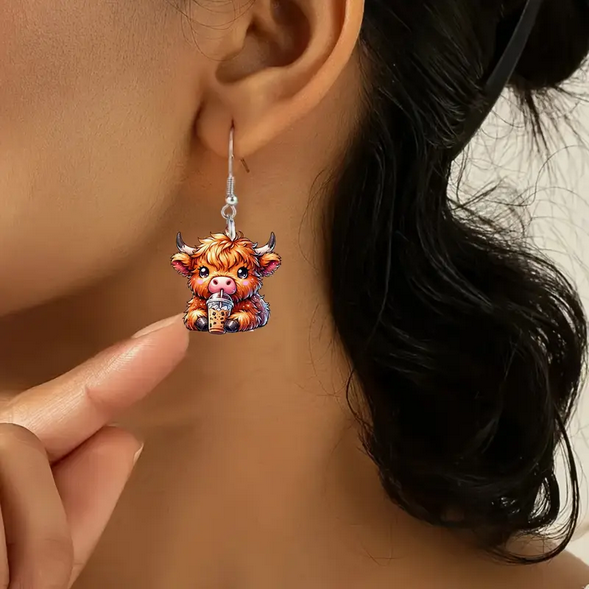 TM Jewelry - Highland Cow Latte Coffee Earrings