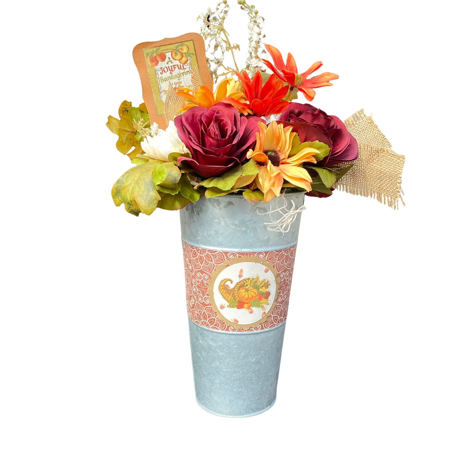 AGD Fall Decor  – Joyful Thanksgiving Galvanized Metal Floral Centerpiece