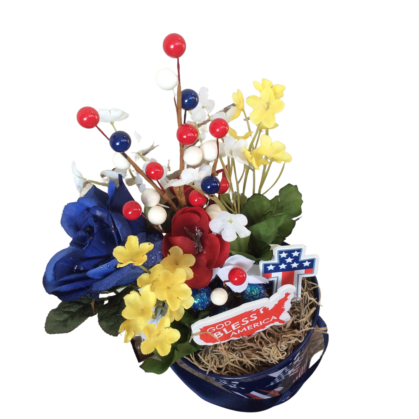 AGD Patriotic Decor - God Bless America Cross Small Floral Centerpiece
