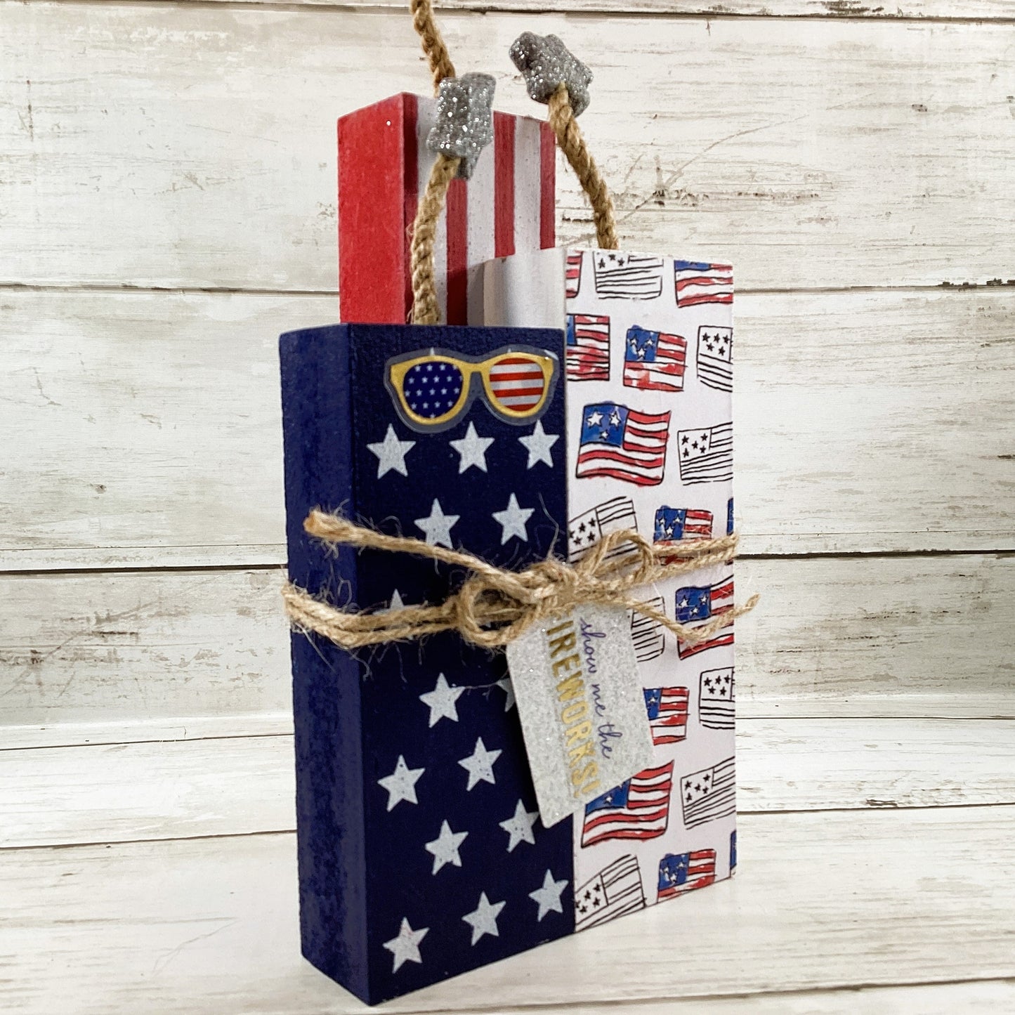 AGD Patriotic Decor - July 4th Chunky Wood Show Me Firecracker Block Sign