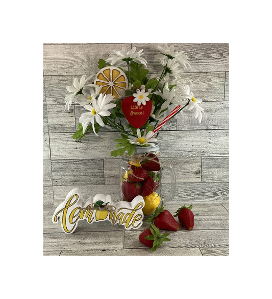 AGD  Summer Decor - Sweet Life Strawberry Lemonade Glass Daisy Decor 2pc