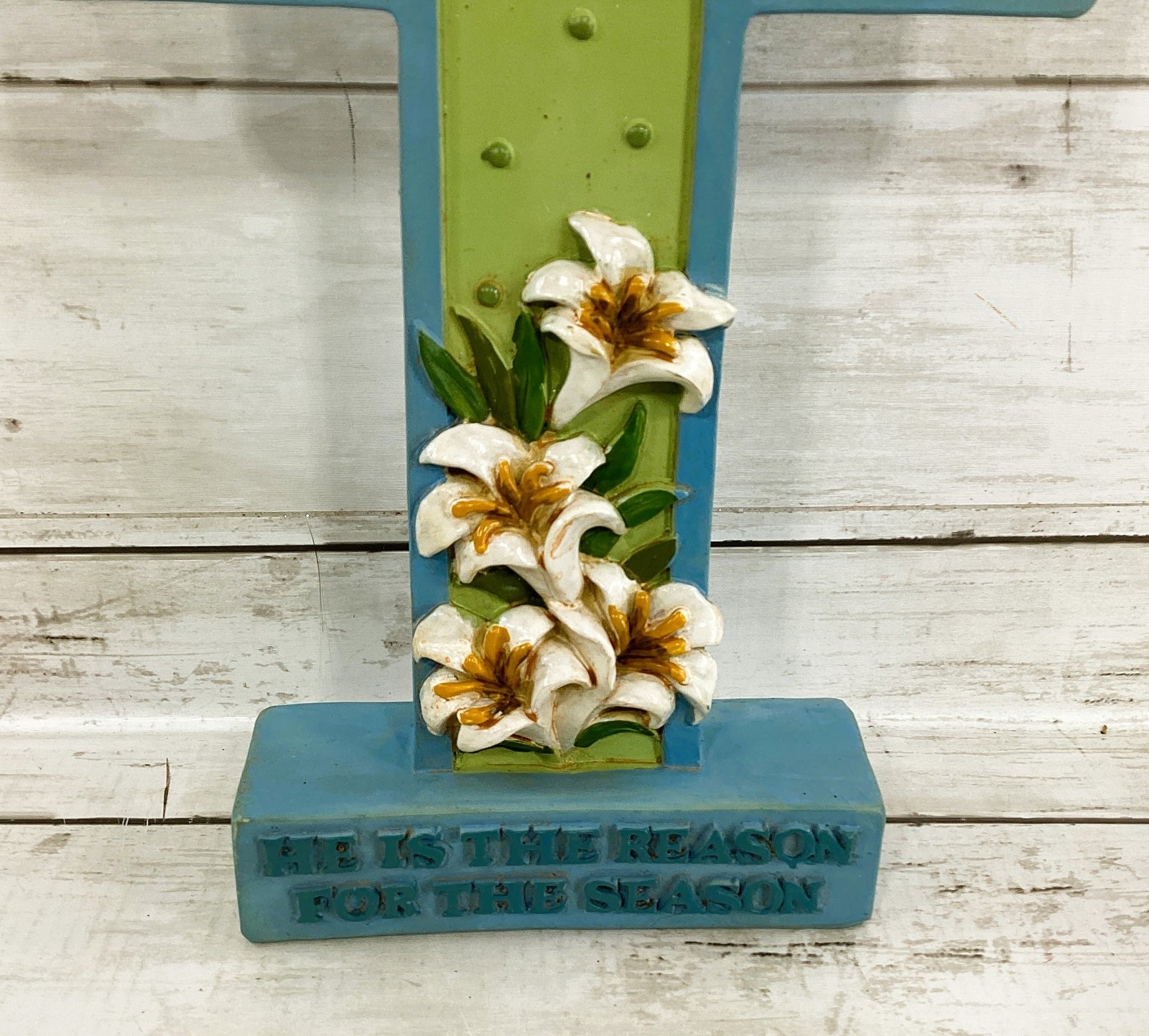 Easter Decor - Jesus Reason For Season Resin Blue Green Lilly Cross
