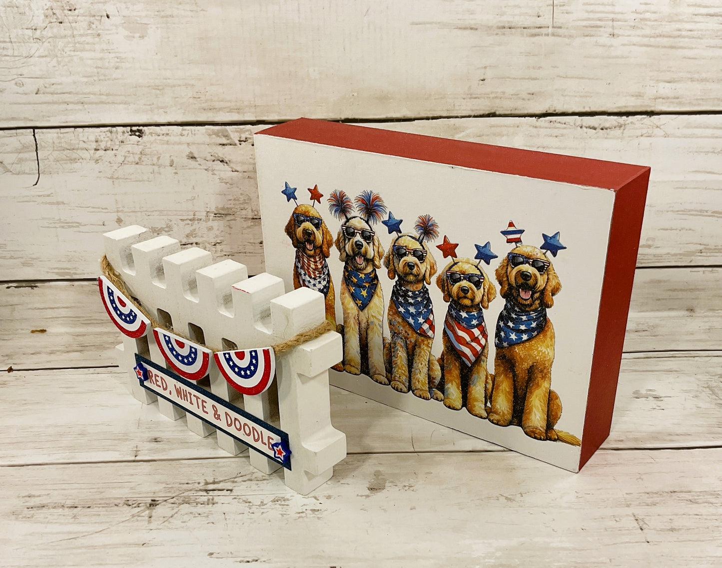 AGD Patriotic Decor - Red White Doodle Dog Pet Sign & Fence 2pc