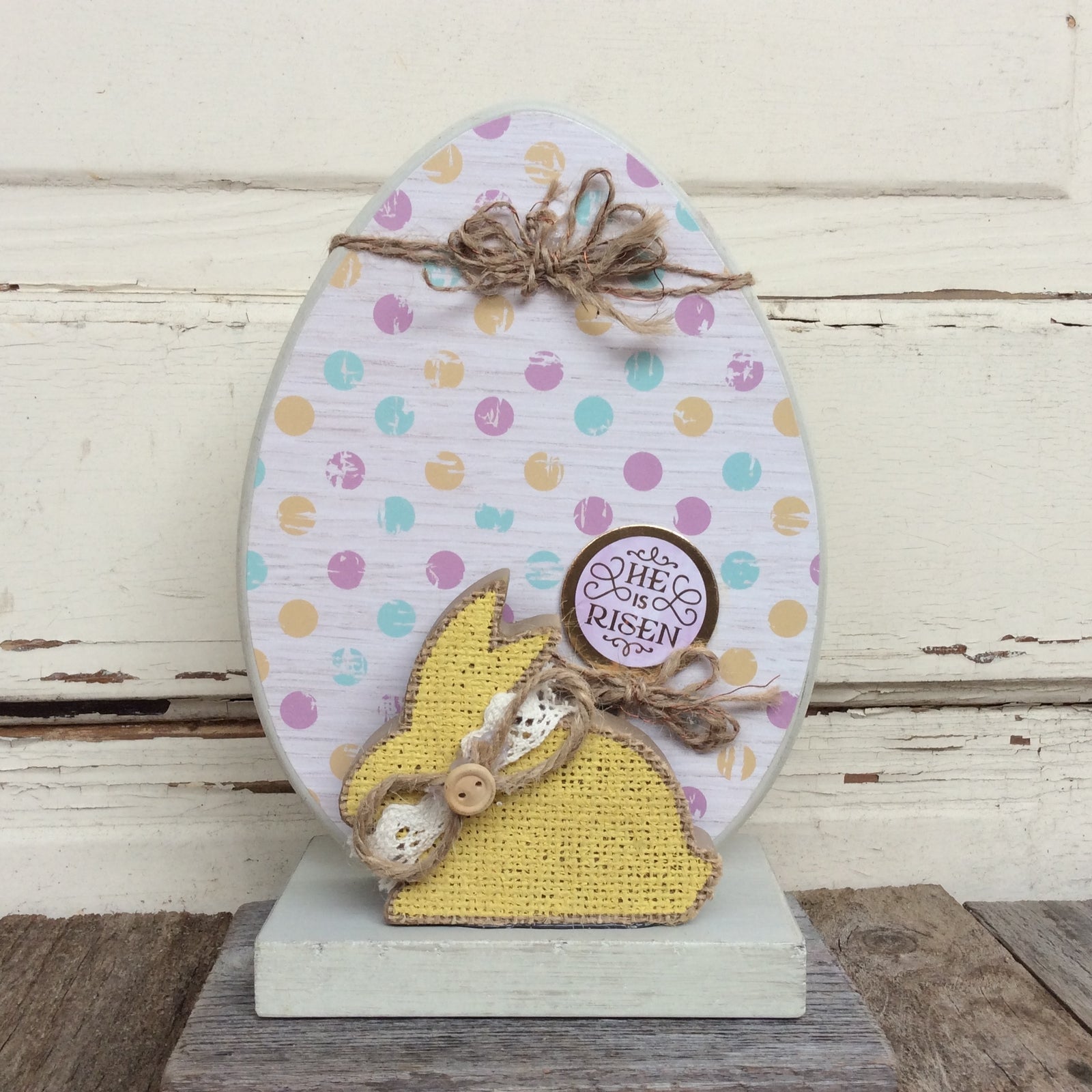 AGD Easter Decor - Gold and Burlap He Is Risen Egg and Bunny Display