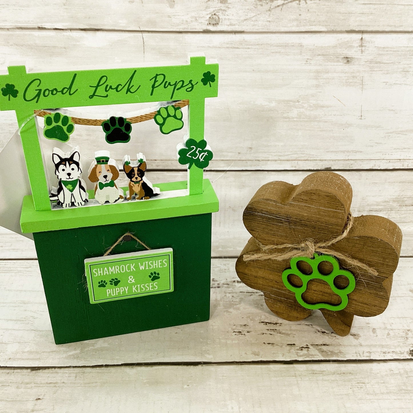 St Patricks Decor - Good Luck Pup Dog Clover Booth 2pc