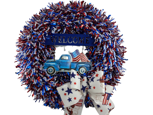 AGD Patriotic Decor -  Welcome Vintage Truck Tinsel Wreath