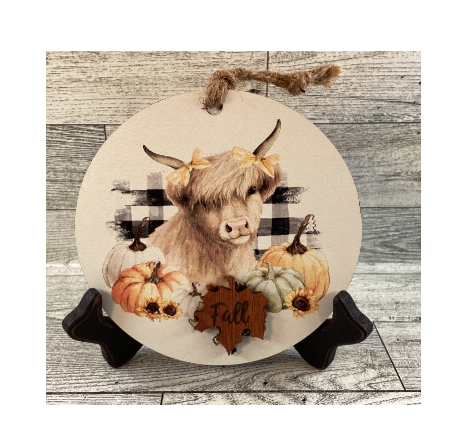 AGD Fall Decor - Highland Cow Buffalo Plaid Black White Plaid Sign and Easel