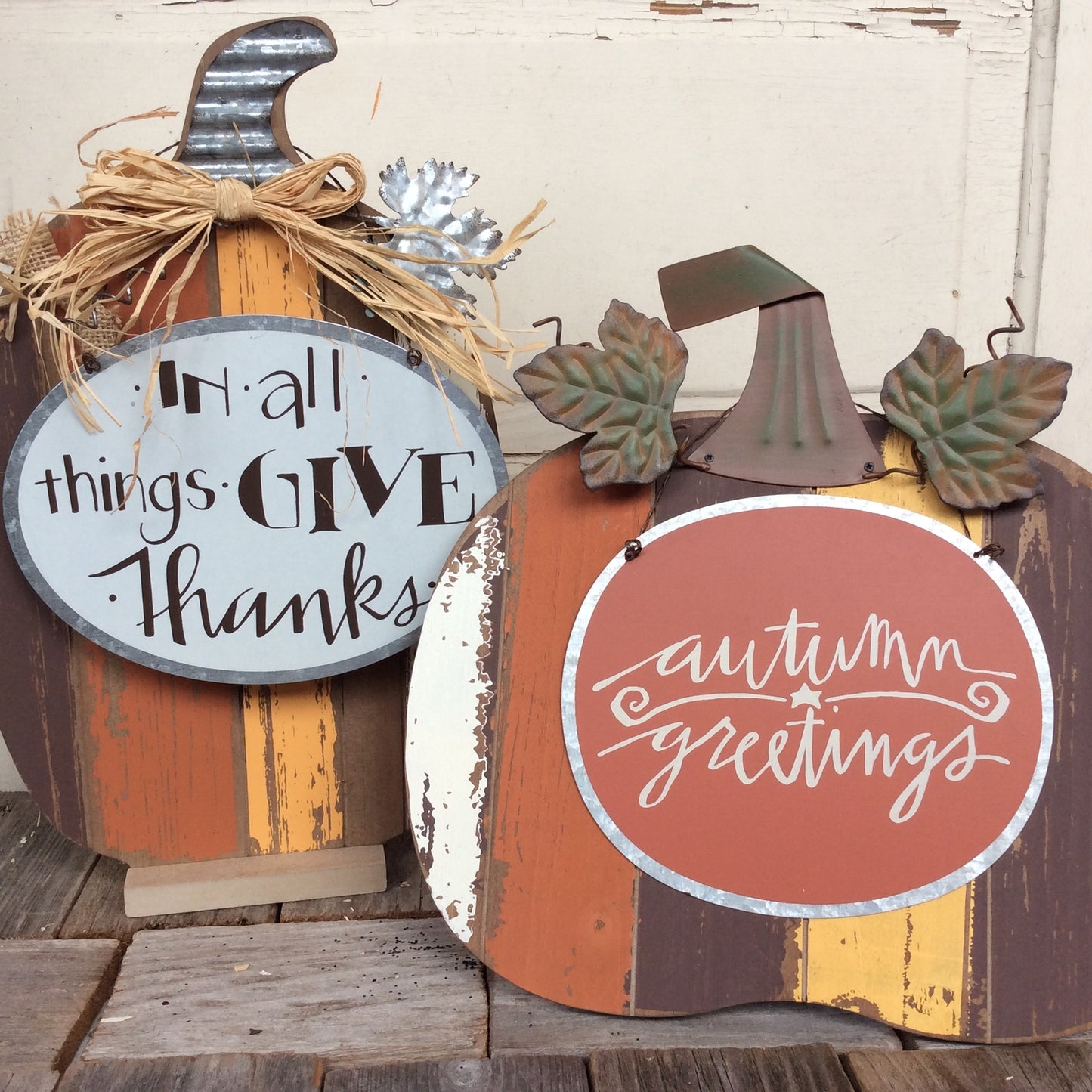 AGD Fall Decor - Slat Pallet Pumpkins Give Thanks Autumn Greetings  2pc