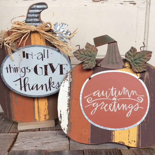 AGD Fall Decor - Slat Pallet Pumpkins Give Thanks Autumn Greetings  2pc