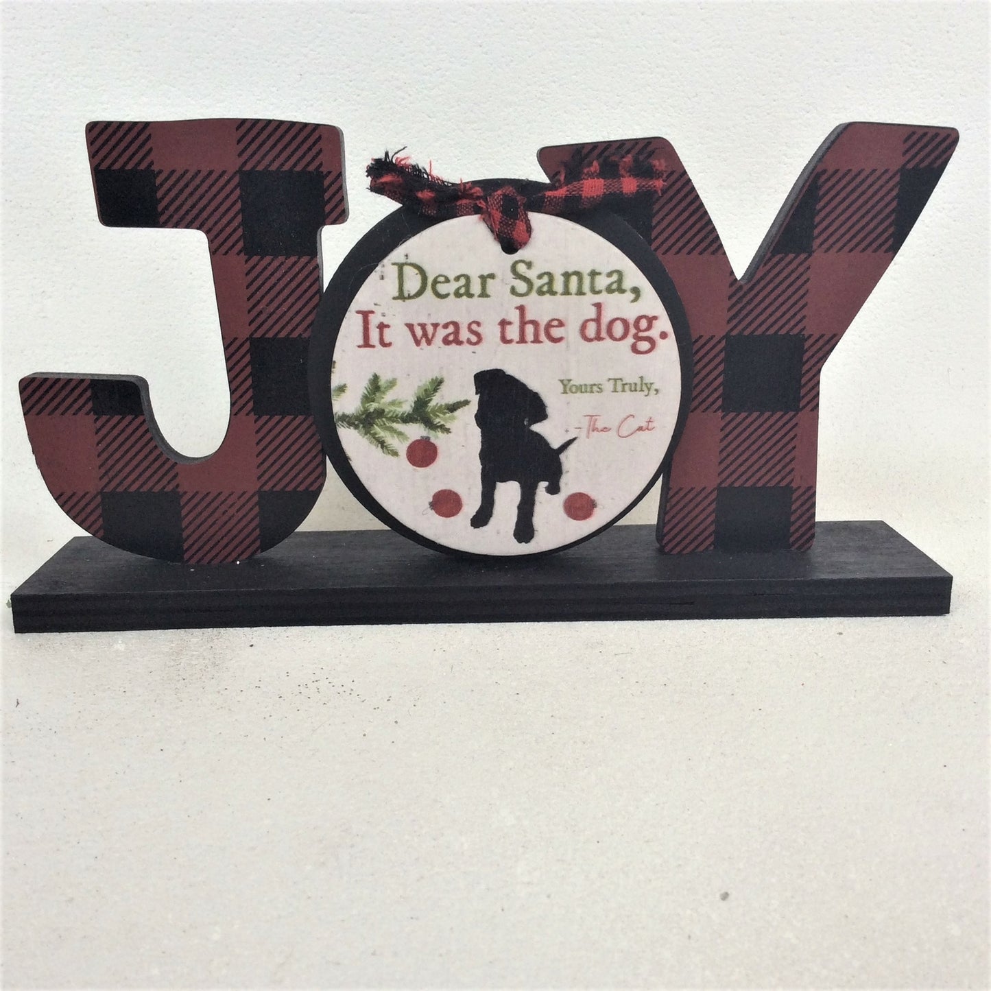 AGD Christmas Decor - Buffalo Check Plaid Joy Dog Tabletop Sign