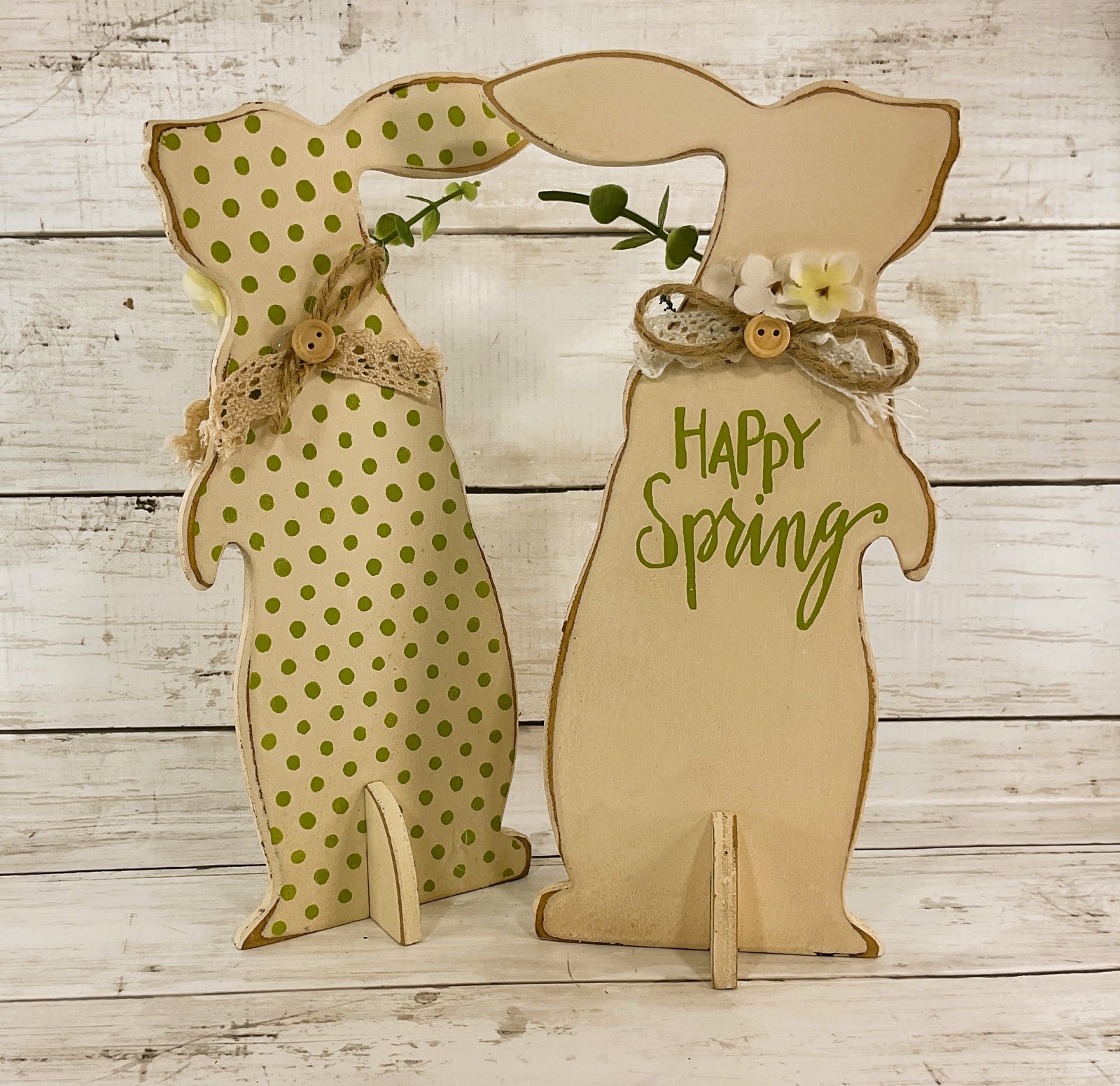 AGD Easter Decor - Happy Spring Farmhouse Tall Wood Rabbits 2pc
