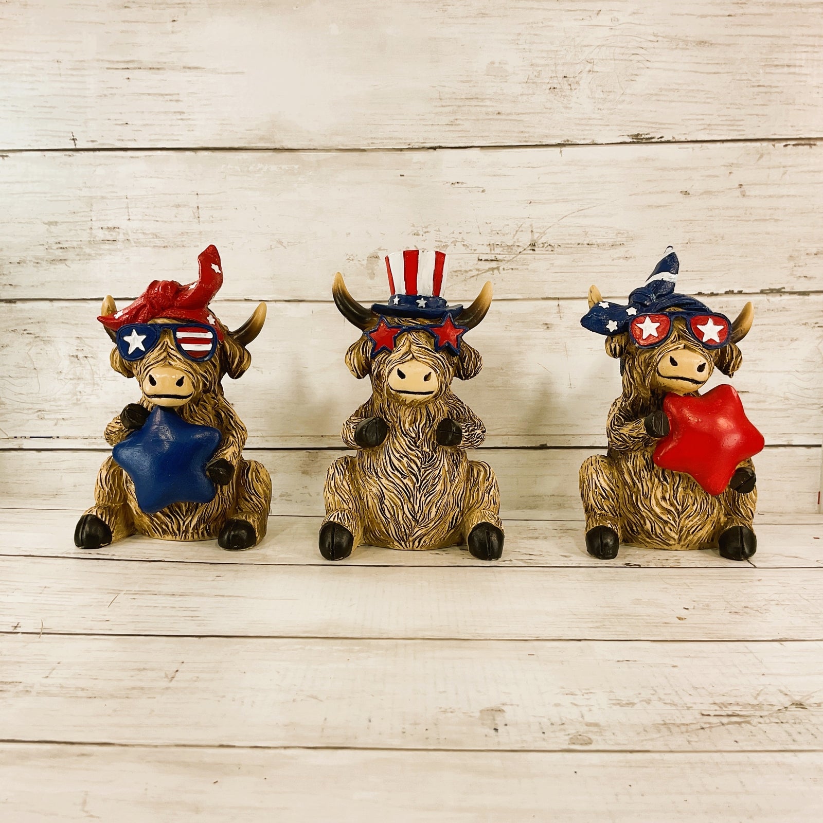 Patriotic Decor - July 4th Resin Highland Cow Lg Figurines 3pc Bonus Sign