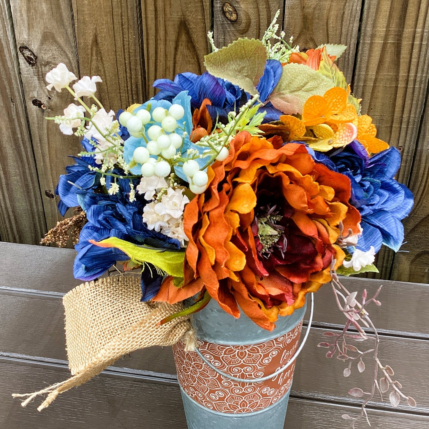 AGD Fall Decor  – Love Grows Here Galvanized Metal Floral Centerpiece