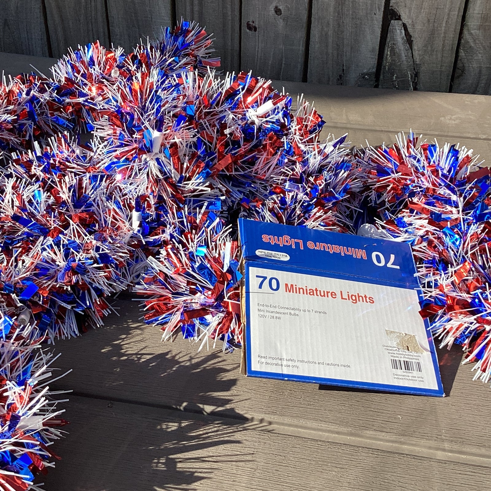 AGD Patriotic Decor -  Red White Blue Metallic Thick Tinsel Lighted Garland 12ft