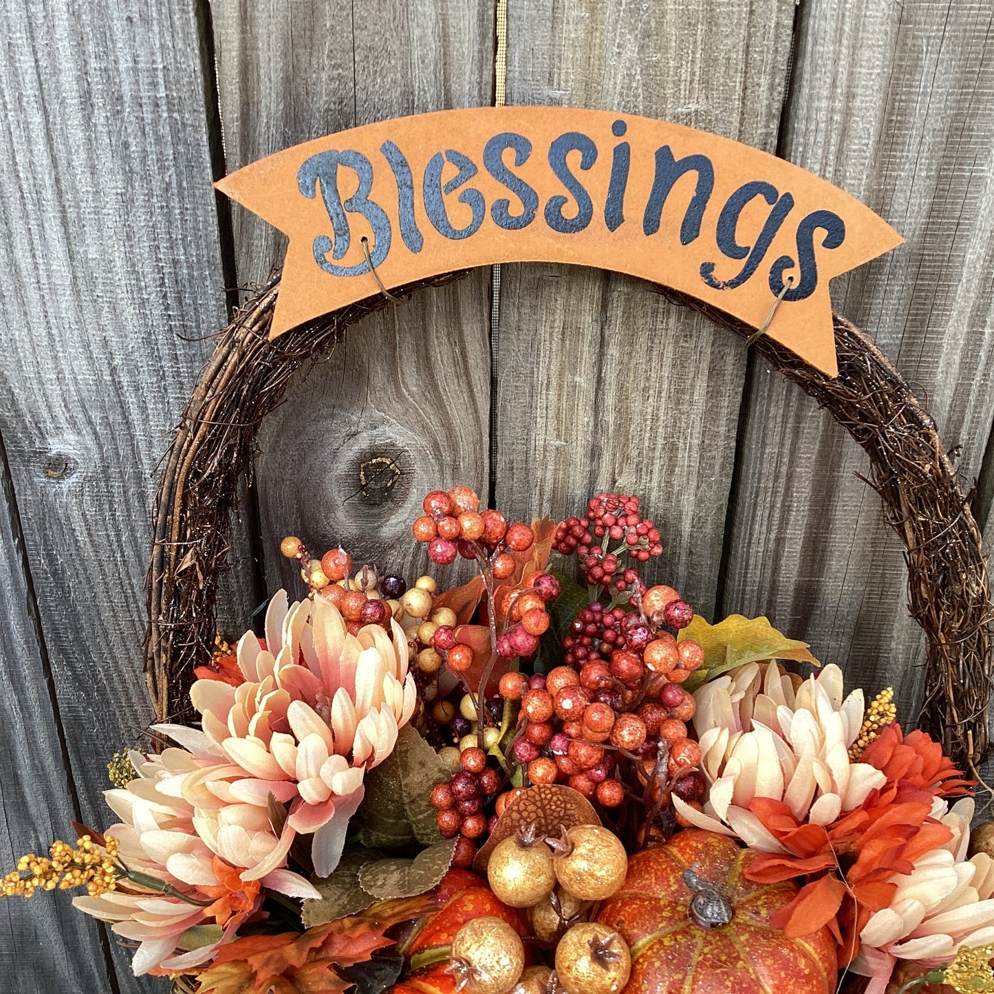 AGD Fall Decor - Large Blessings Grapevine Basket Harvest Floral Wreath