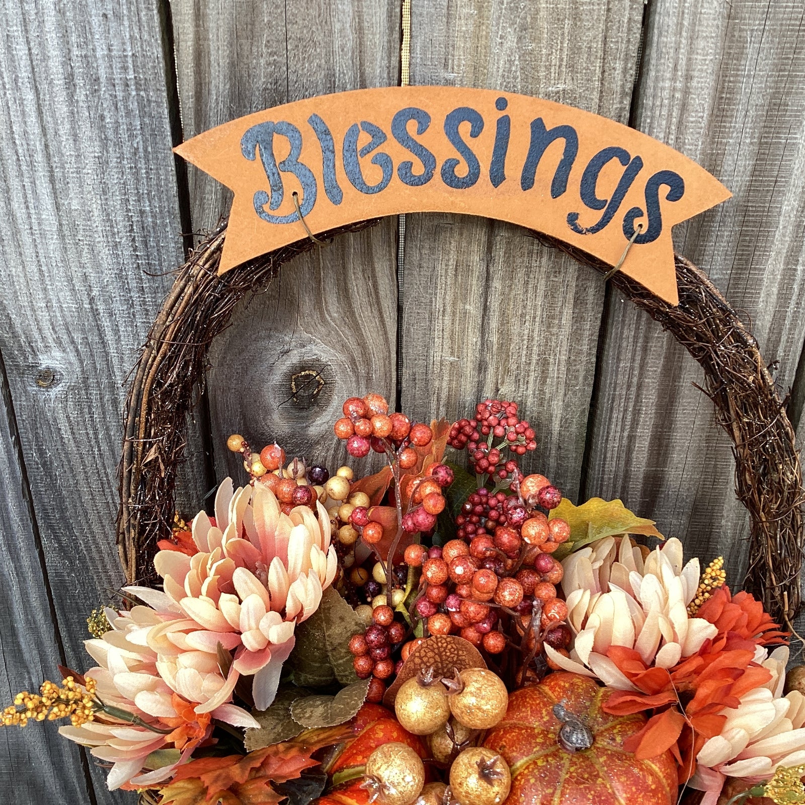 AGD Fall Decor - Large Blessings Grapevine Basket Harvest Floral Wreath