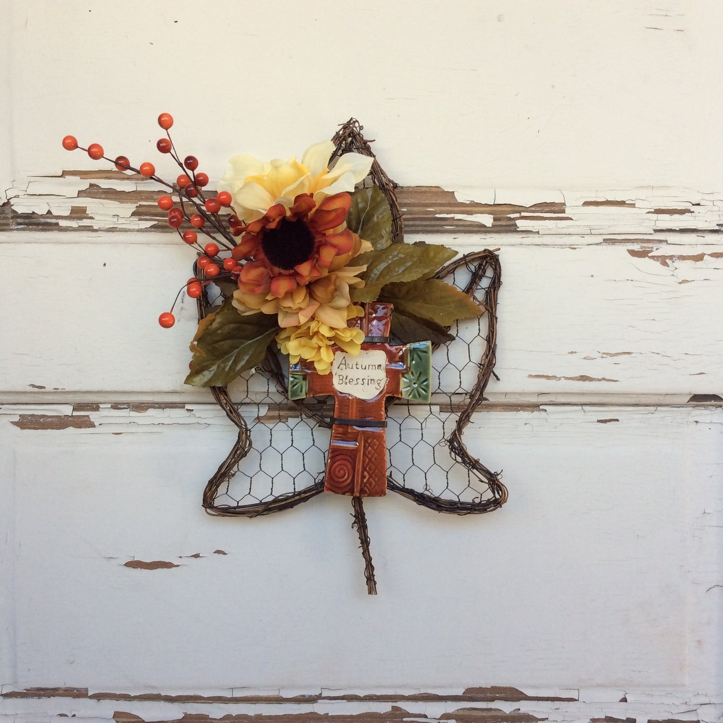 AG Designs Fall Harvest Decor – Grapevine Maple Leaf Wreath Blessings Cross