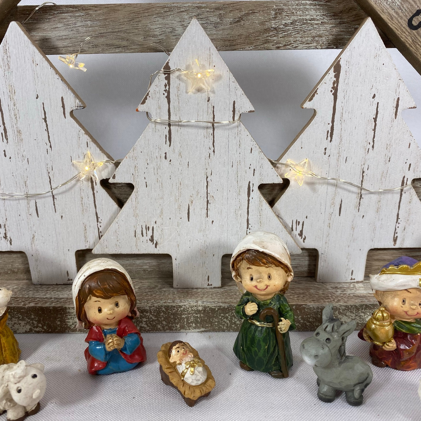 AGD Christmas Decor - Resin Children Nativity Lighted Stable Wood Manger Set