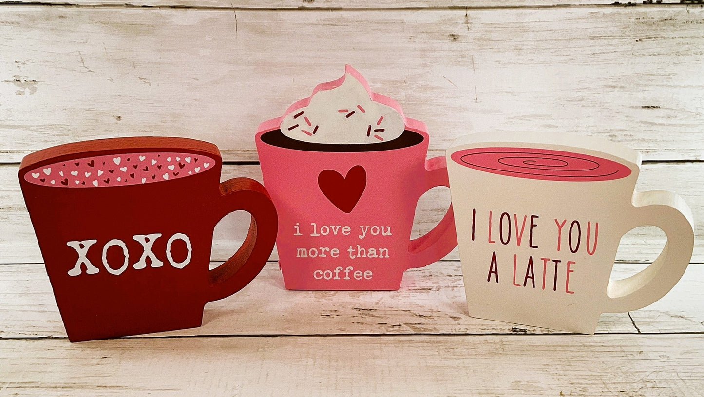 CP Valentines Decor - Love XOXO Latte Wood Coffee Cups 3pc