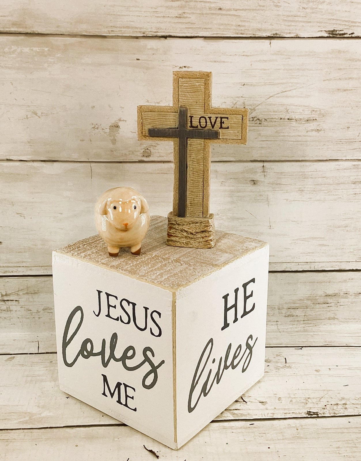 Easter Decor - Resurrection He Lives Risen Love Cross Lamb 3pc Set