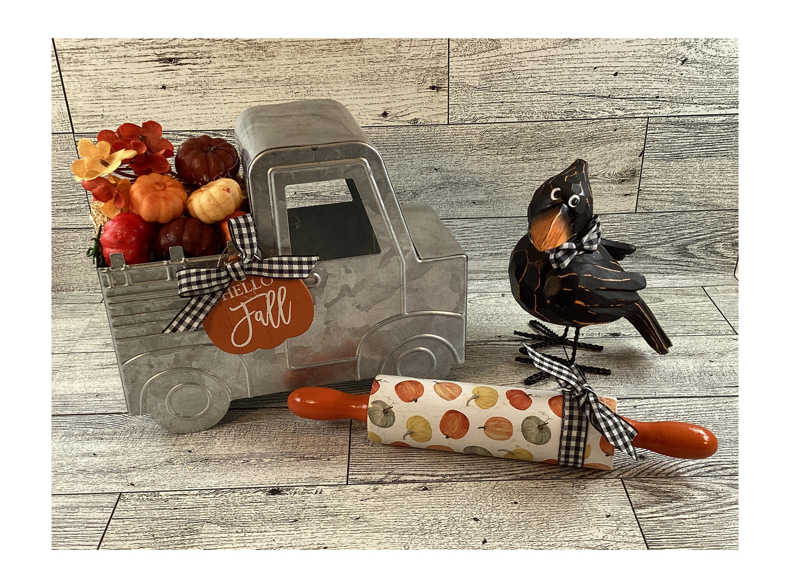 AGD Fall Decor - Pumpkin Filled Metal Truck Rolling Pin Crow 3pc