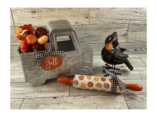 AGD Fall Decor - Pumpkin Filled Metal Truck Rolling Pin Crow 3pc