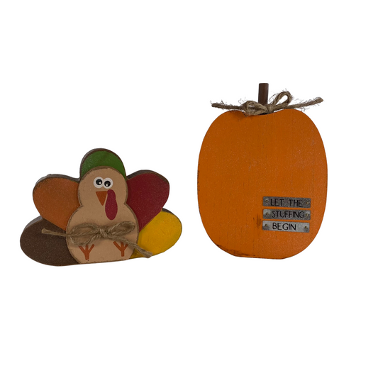 AGD Fall Decor - Chunky Turkey Pumpkin Stuffing Begin Block Sign 2pc Set