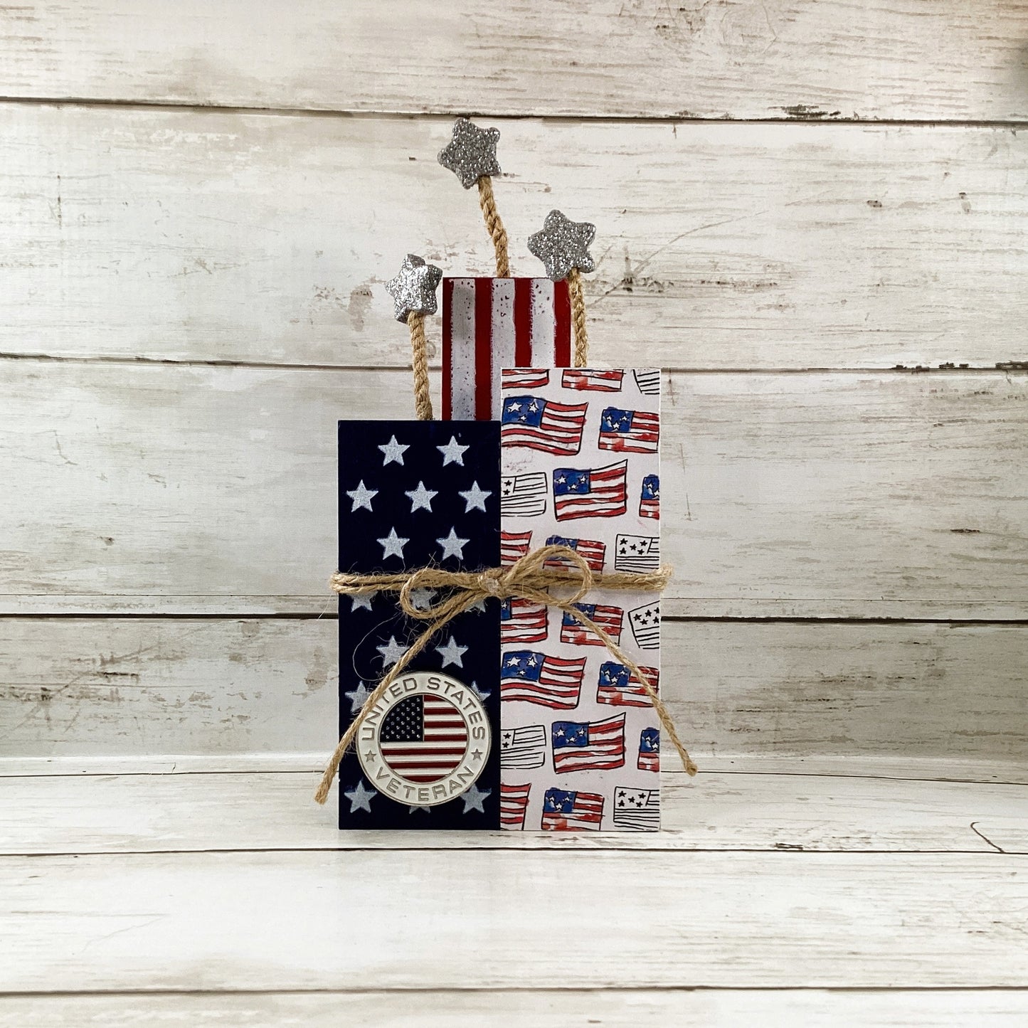 AGD Patriotic Decor -  Veteran July 4th Chunky Wood Firecracker Block Sign