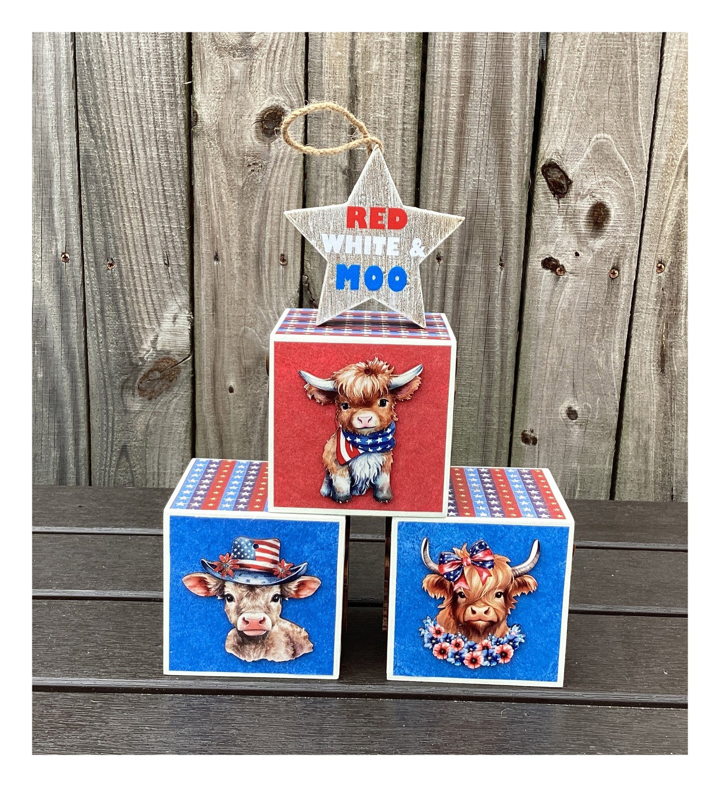 AGD Patriotic Decor - Red White Moo Highland Cow Block Signs 4pc