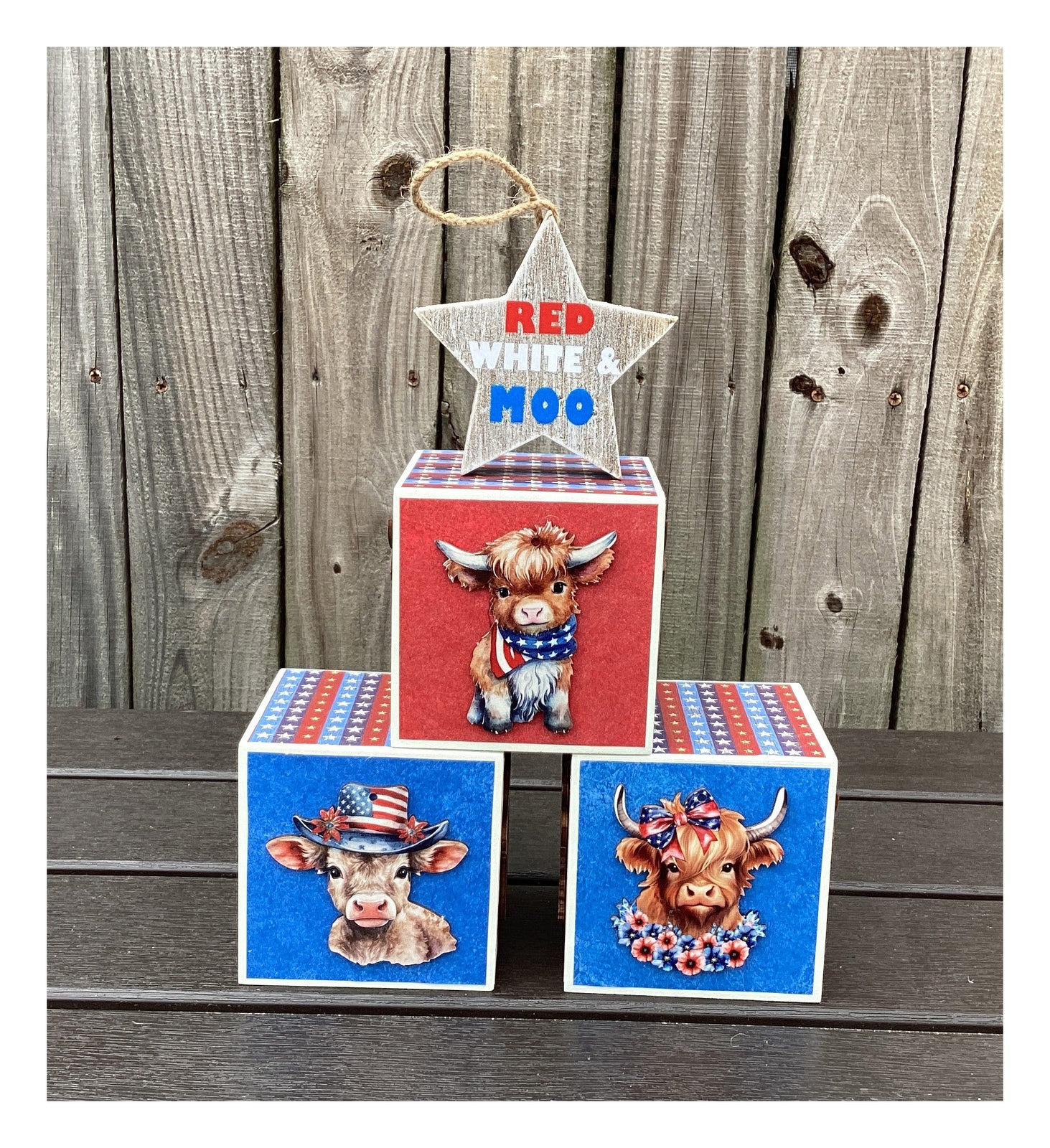 AGD Patriotic Decor - Red White Moo Highland Cow Block Signs 4pc
