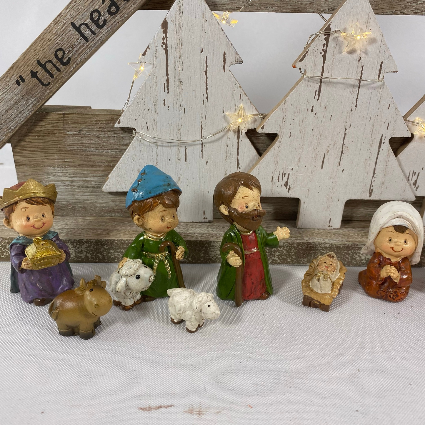 AGD Christmas Decor - Resin Children Nativity Lighted Stable Wood Manger Set