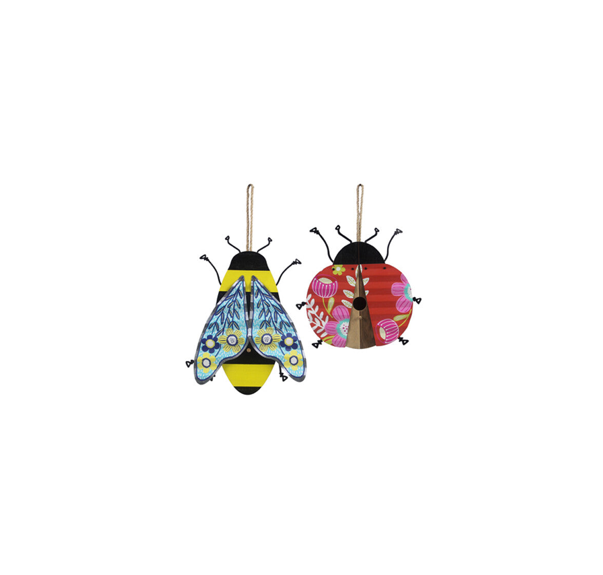 Youngs Spring Summer Decor - Wood Metal Bee and Ladybug Birdhouses