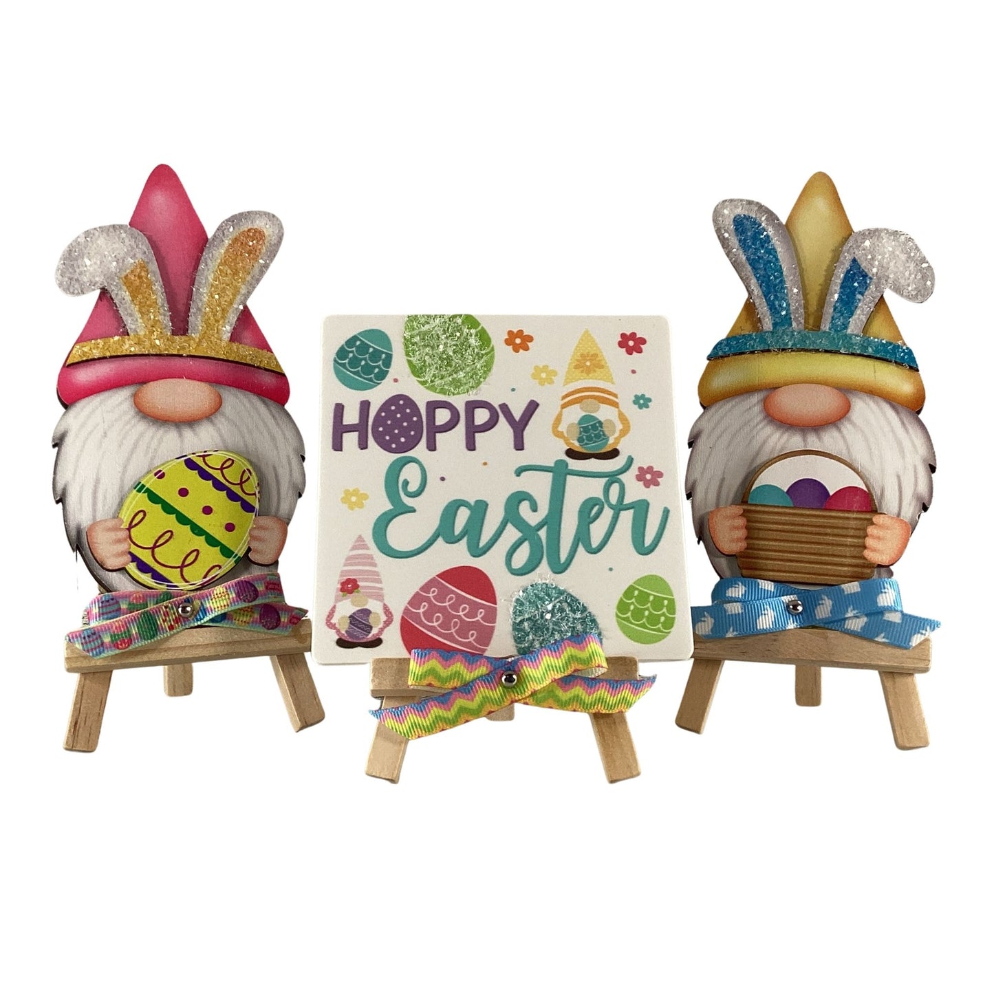 AGD Easter Decor - Wood Gnome Glitter Bunny Rabbit Tier Tray 3pc Set