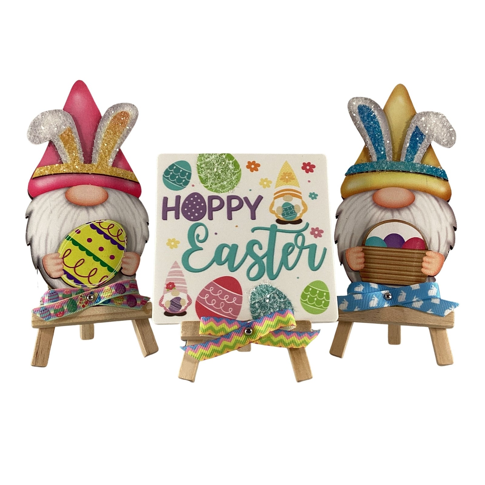 AGD Easter Decor - Wood Gnome Glitter Bunny Rabbit Tier Tray 3pc Set