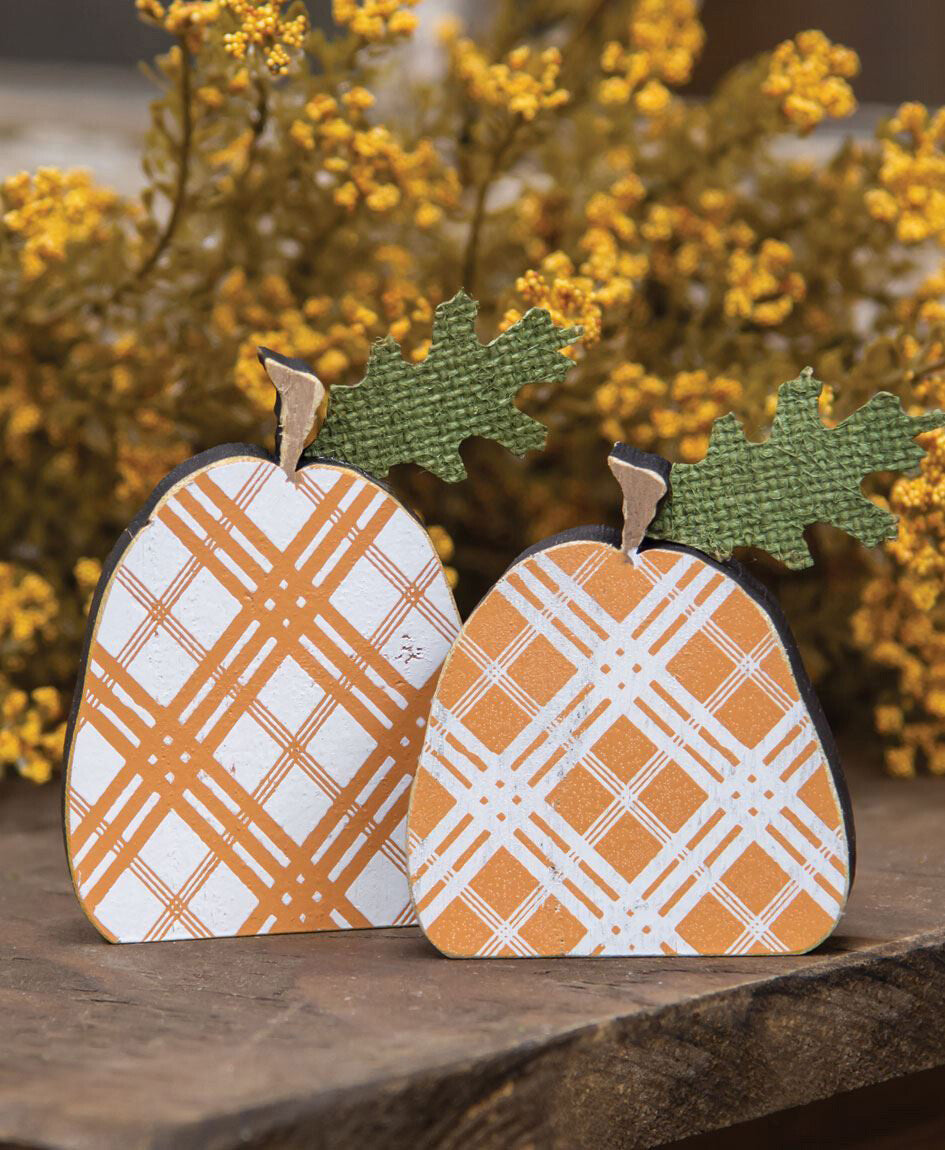 CH Fall Decor -  Small Prim Brown Orange Plaid Wood Pumpkin Sitters 2pc